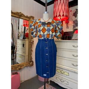 vintage block print cotton blouse huge puff sleeves African geometric top med 34